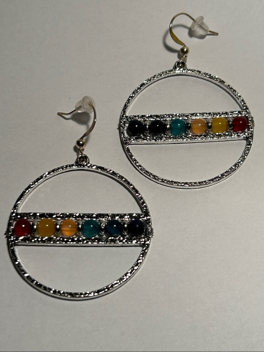 Silver circle earrings with rainbow beaded horizontal bar - NEW